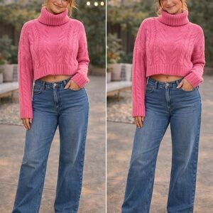 Hot Pink Cable Knit Cropped Turtleneck Sweater Small Oversized Cozy